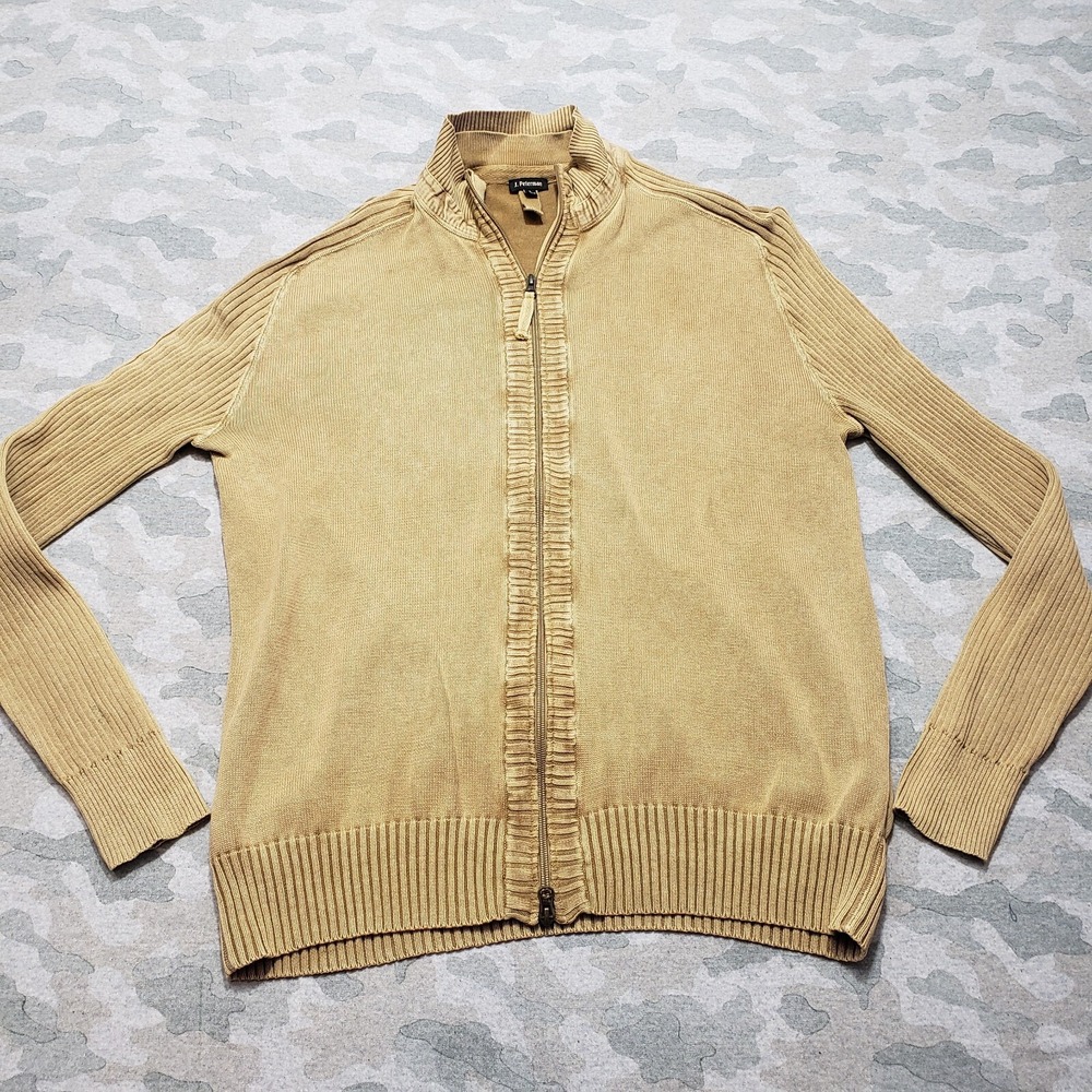 J Peterman Cardigan Sweater Mens Large Gold Full Zip Mock Neck Long Sleeve